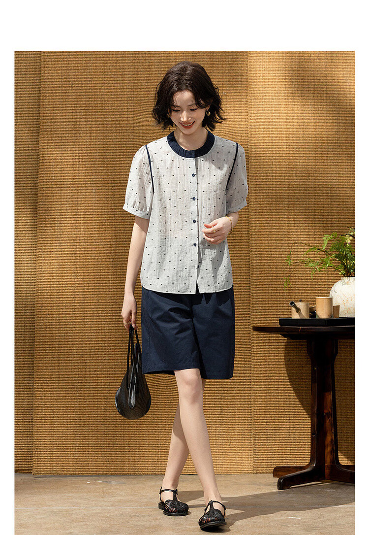 Demana [Smooth Lyocell] Summer Color-Block Bowknot Printed Round Neck Striped Short Sleeve Loose Petite Women's Shirt 3