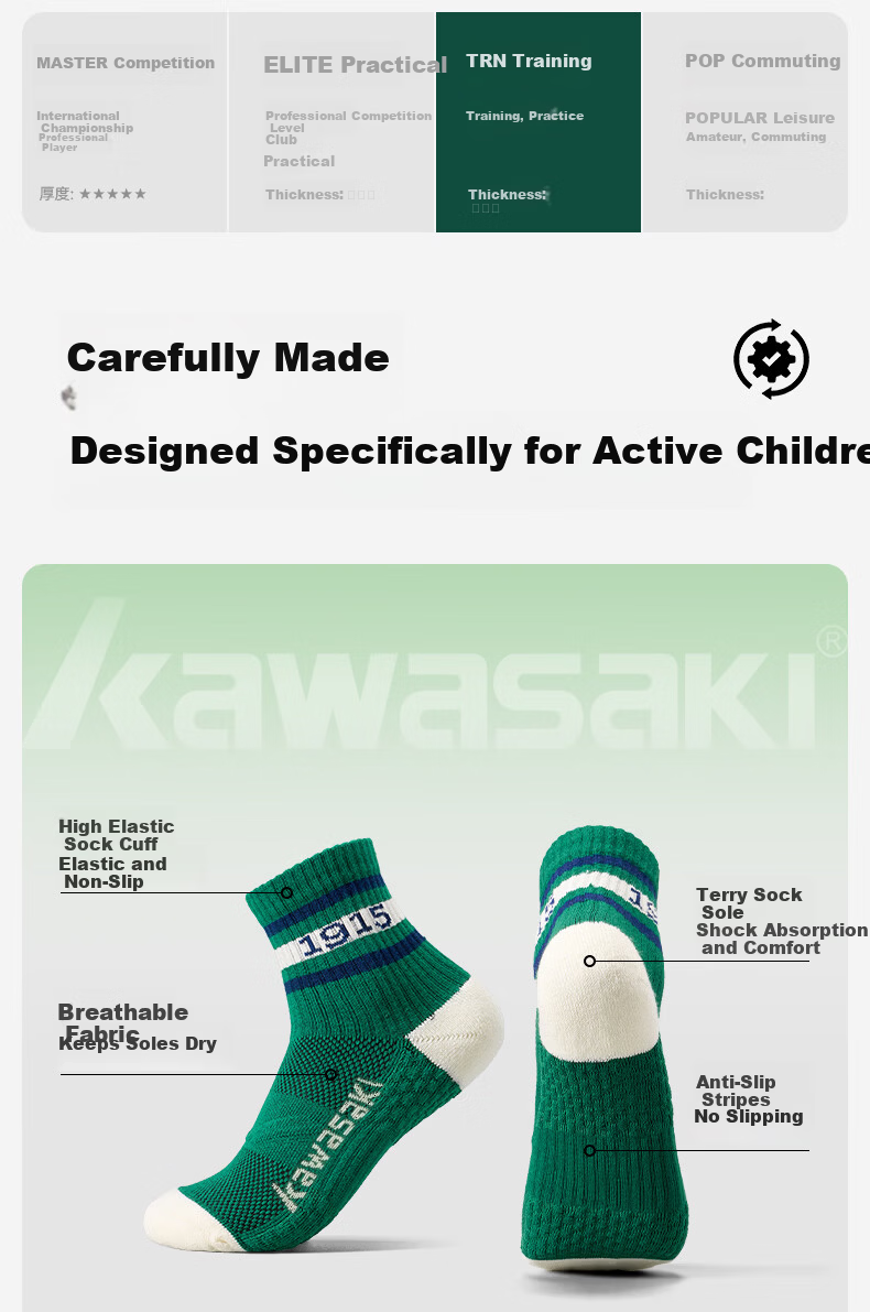 KAWASAKI Badminton Socks Kids Sports Socks Durable Terry Bottom D6401 White Blue/White Green/Vintage Green (3 Pairs) 3
