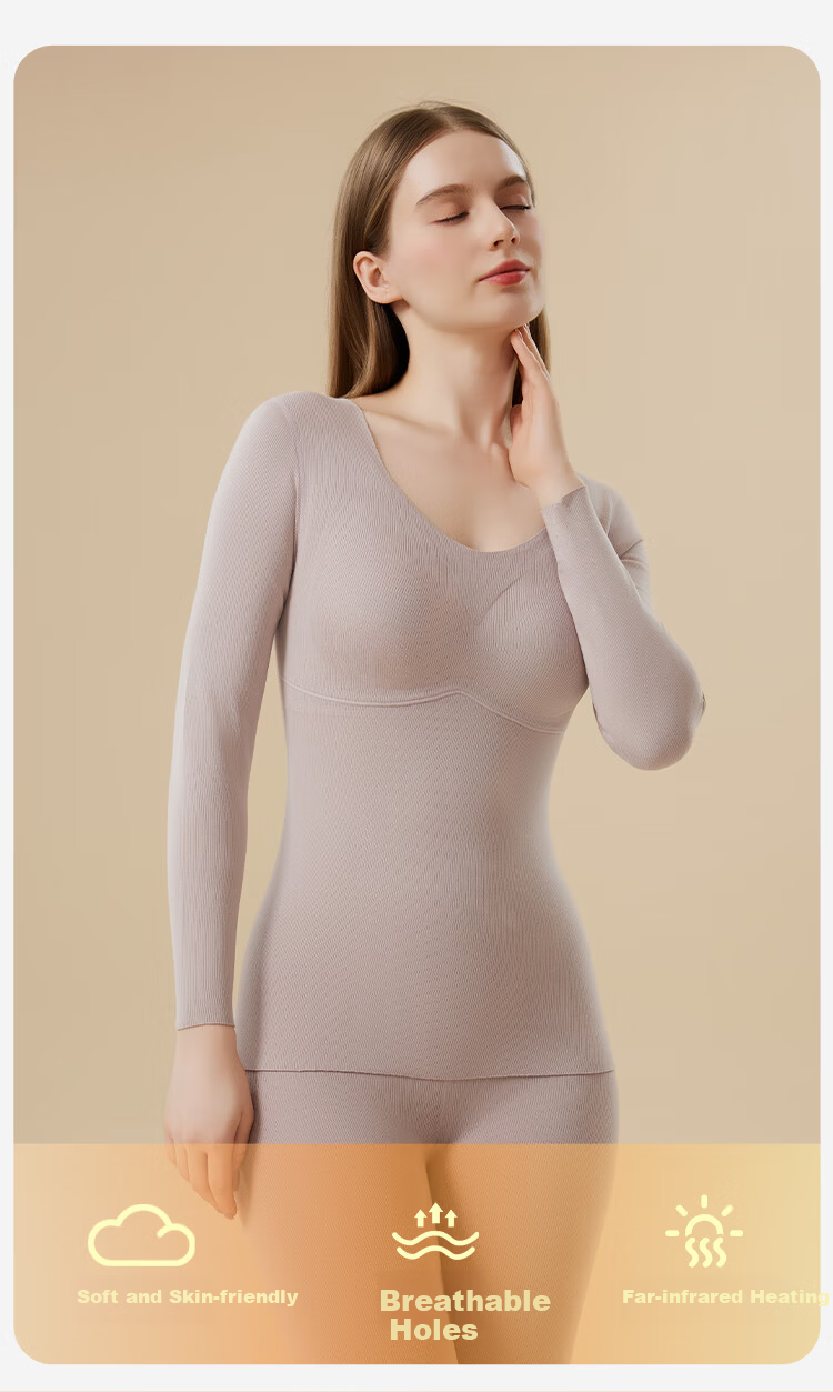 MiiOW Women's Thermal Underwear Set with Chest Pad, Fleece-Lined, Thickened, Seamless Black Autumn Top and Bottom, Size 2XL 6