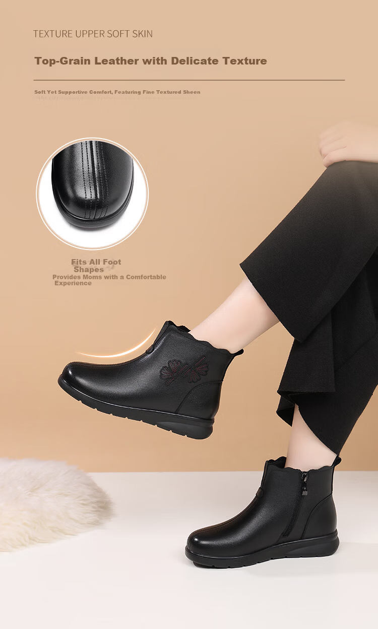 Red Dragonfly Women's Winter Fleece-Lined Leather Ankle Boots Lightweight Soft Sole Fashionable Warm Cotton Shoes WTC457421C Black Size 37 3