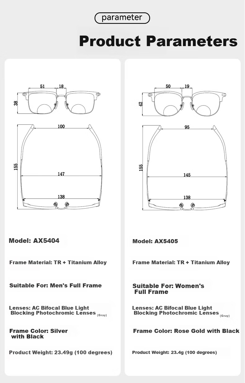 Sunset Red Bifocal Presbyopic Glasses for Men, Photochromic Sunglasses for Summer, AX5404, 300 Degree 9