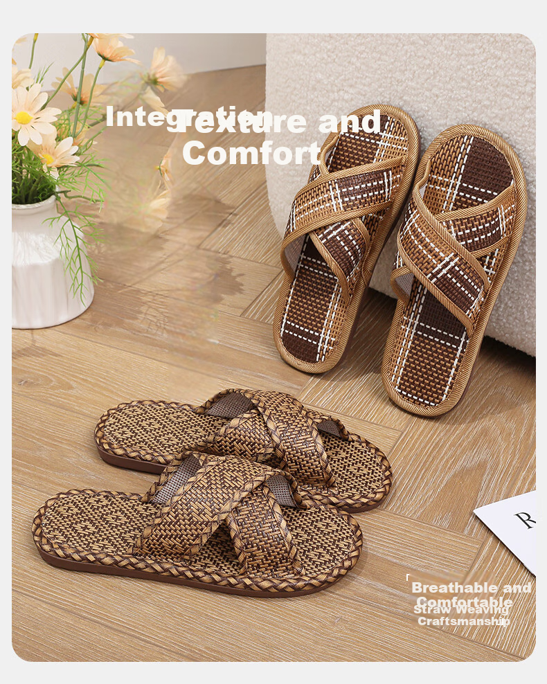 GUOLUOFEI Woven Rattan Summer Indoor Non-Slip Soft Sole Slippers for Men and Women, Diamond Cross Pattern, Size 42-43 3