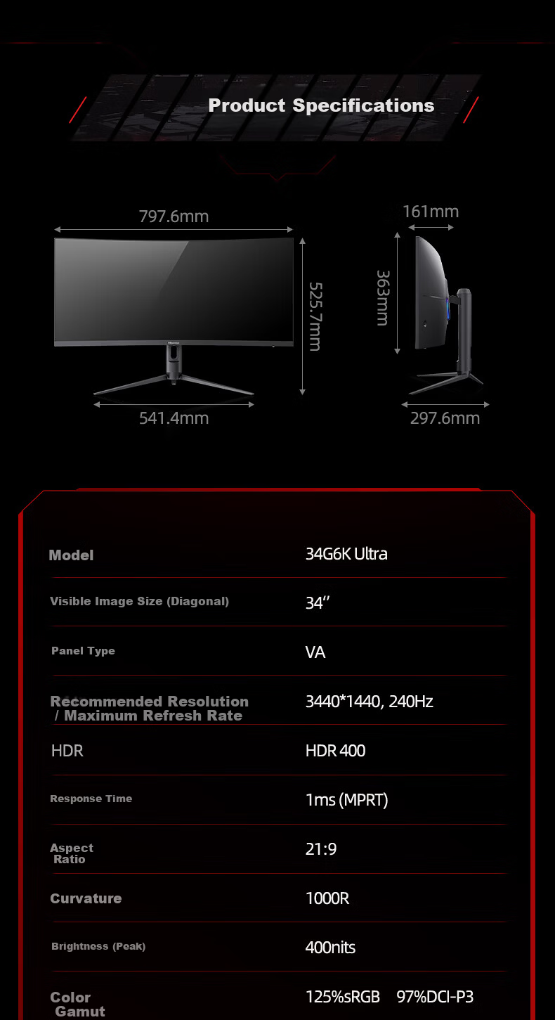 Hisense 34-inch Ultrawide Curved Monitor 240Hz 1000R Curvature Built-in Speakers HDR400 WQHD Gaming Screen 34G6K Ultra 14