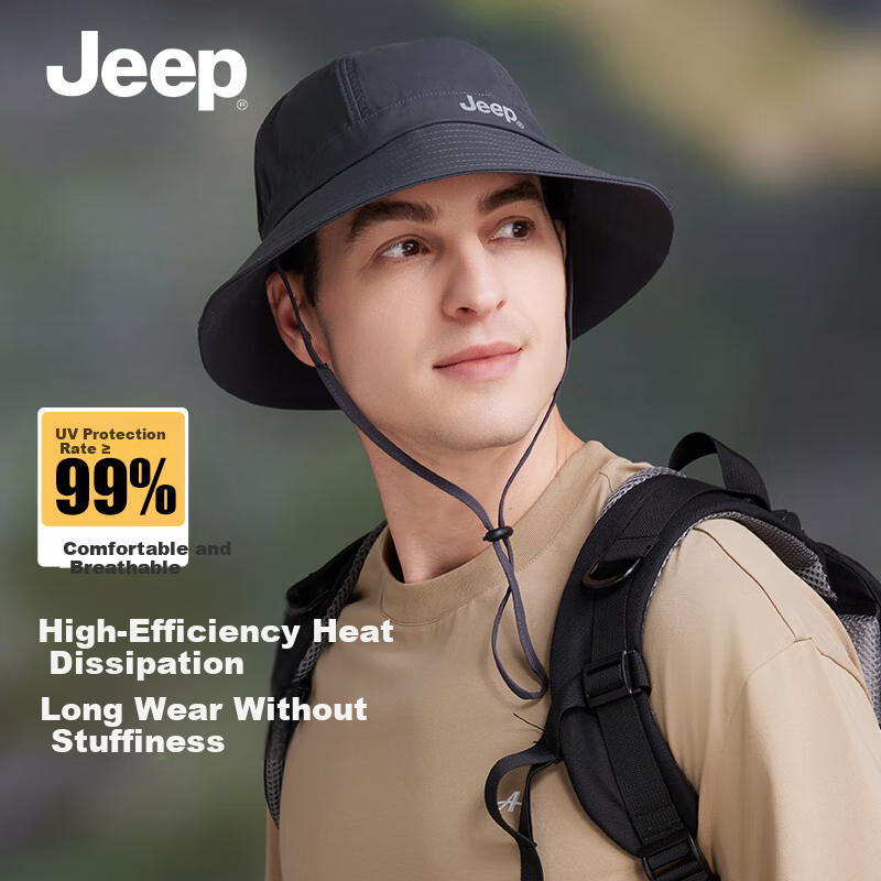 JEEP Men's Sun Protection Bucket Hat Fishing Hiking Outdoor Summer Cap Rock Ridge Gray