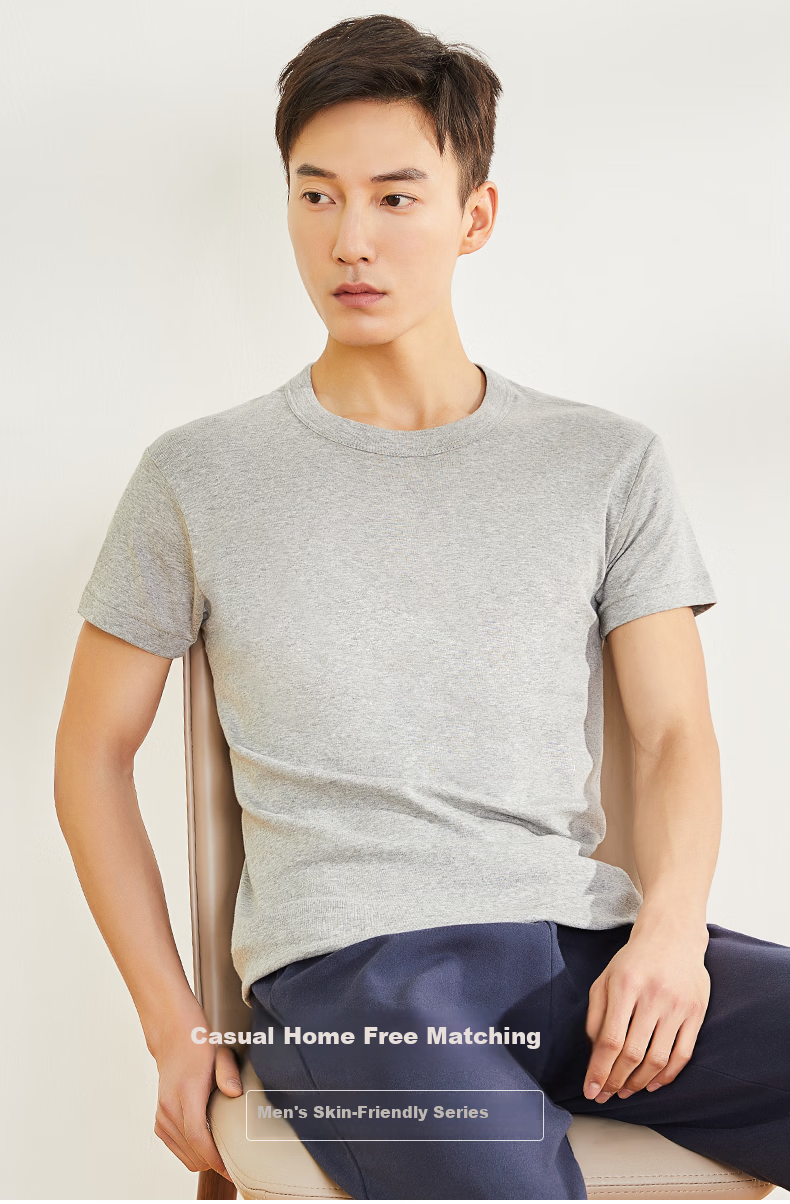 Yiershuang [100% Cotton 5A Antibacterial] Men's Undershirt Short Sleeve T-Shirt Ribbed Pure Cotton Underwear Large Size Old T-Shirt 1