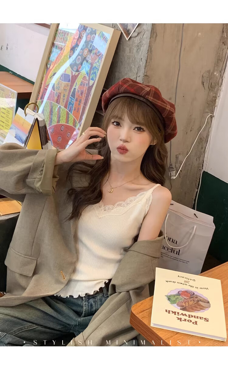 Langsha Lace Camisole Vest Women 2026 New Spring Summer French Style V-Neck Blouse Suit Inner Knit Base Shirt 26