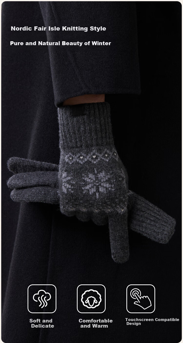 JIUMU 100% Wool Thermal Gloves for Men Winter Fair Isle Thickened Cold-Resistant Touchscreen Knitted Wool Gloves 6