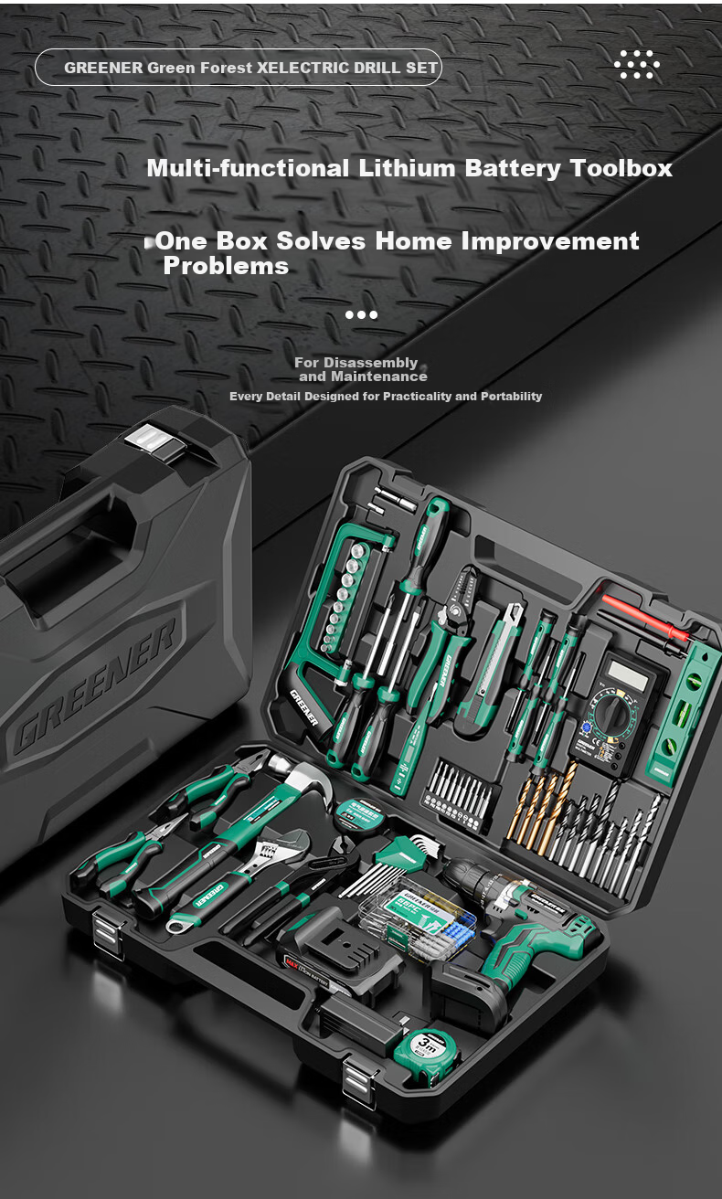 Green Forest 34-Piece 21V Impact Lithium Drill Set Multi-Function Household Toolbox Hardware Electrician Repair Kit 3