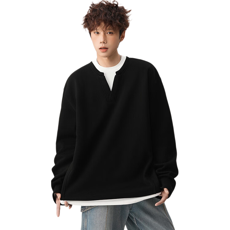 Foss Phil Men's Fake Two-Piece Long Sleeve Sweatshirt Spring Autumn Loose Basic T-Shirt HT25764 Black 2XL