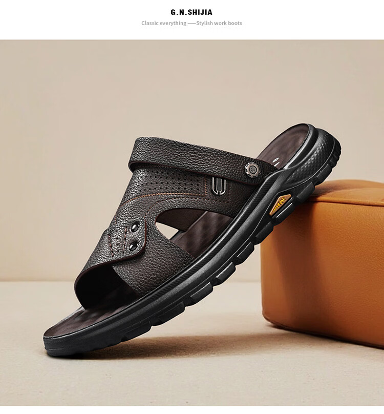 Bull Family Men's Leather Sandals Summer New Genuine Leather Soft Sole Breathable Beach Shoes Men's Versatile Two-Way Commuter Casual Slippers 19