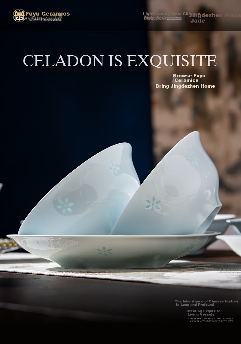 Fuyu Ceramics Jingdezhen Ceramic Tableware Premium Light Luxury New Home High-End Porcelain Bowls and Plates Jade Flower Language Noodle Bowls Set of 4 1