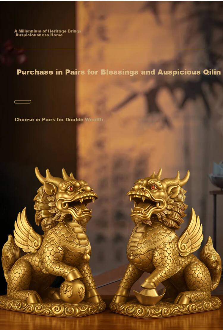 Bin Yue Copper Qilin Feng Shui Pair Male and Female Brass Qilin Large Crystal Treasure Bowl Housewarming Living Room Entrance Decoration 3