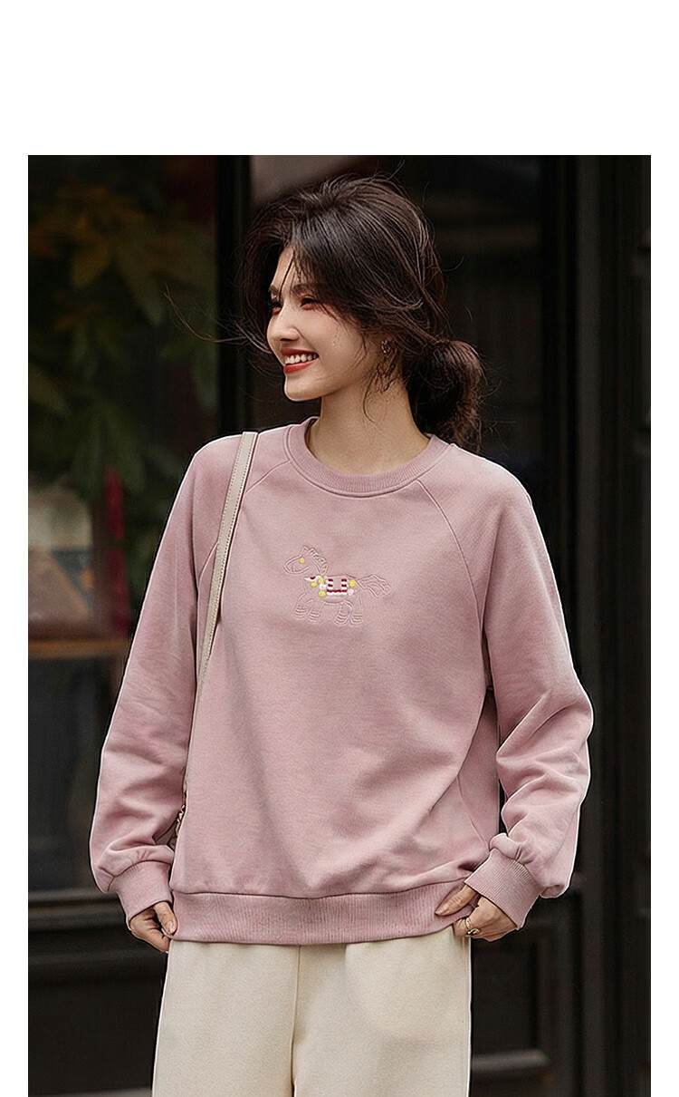 Demana [Cloud Oxygen Cotton Series] Summer Heavywork Pony Embroidery Crew Neck Long Sleeve Slim Fit Petite Sweatshirt for Women Premium Feel 16