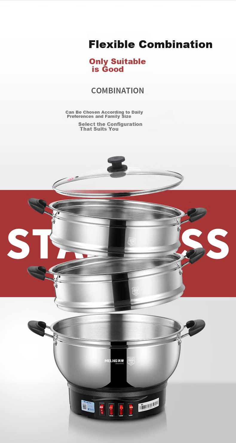 MeiLing Electric Frying Pan New Generation 304 Stainless Steel Electric Steamer Electric Cooker Multi-Functional Non-Stick Electric Pot Steamer Basket Multi-Purpose Electric Hot Pot Stir-Fry Pan 7