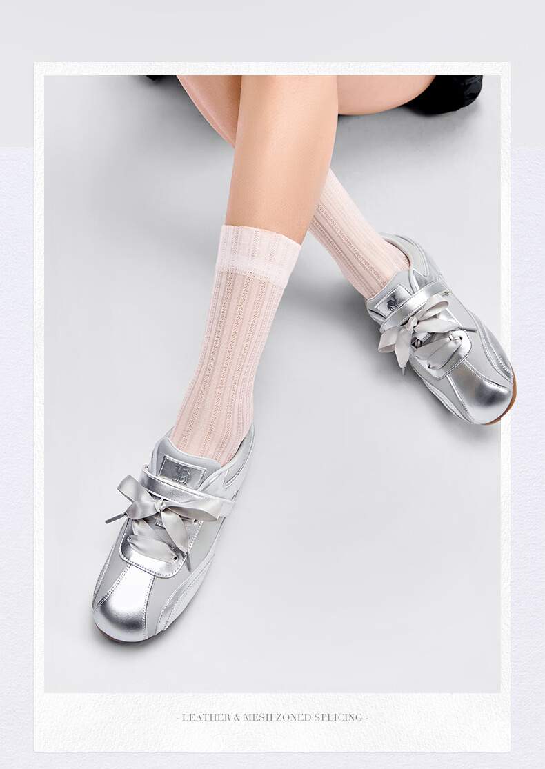 CAMEL Ribbon Thin Sole Derby Shoes Women Retro Casual Ballet Style Sneakers L26A255054 Silver Size 40 14