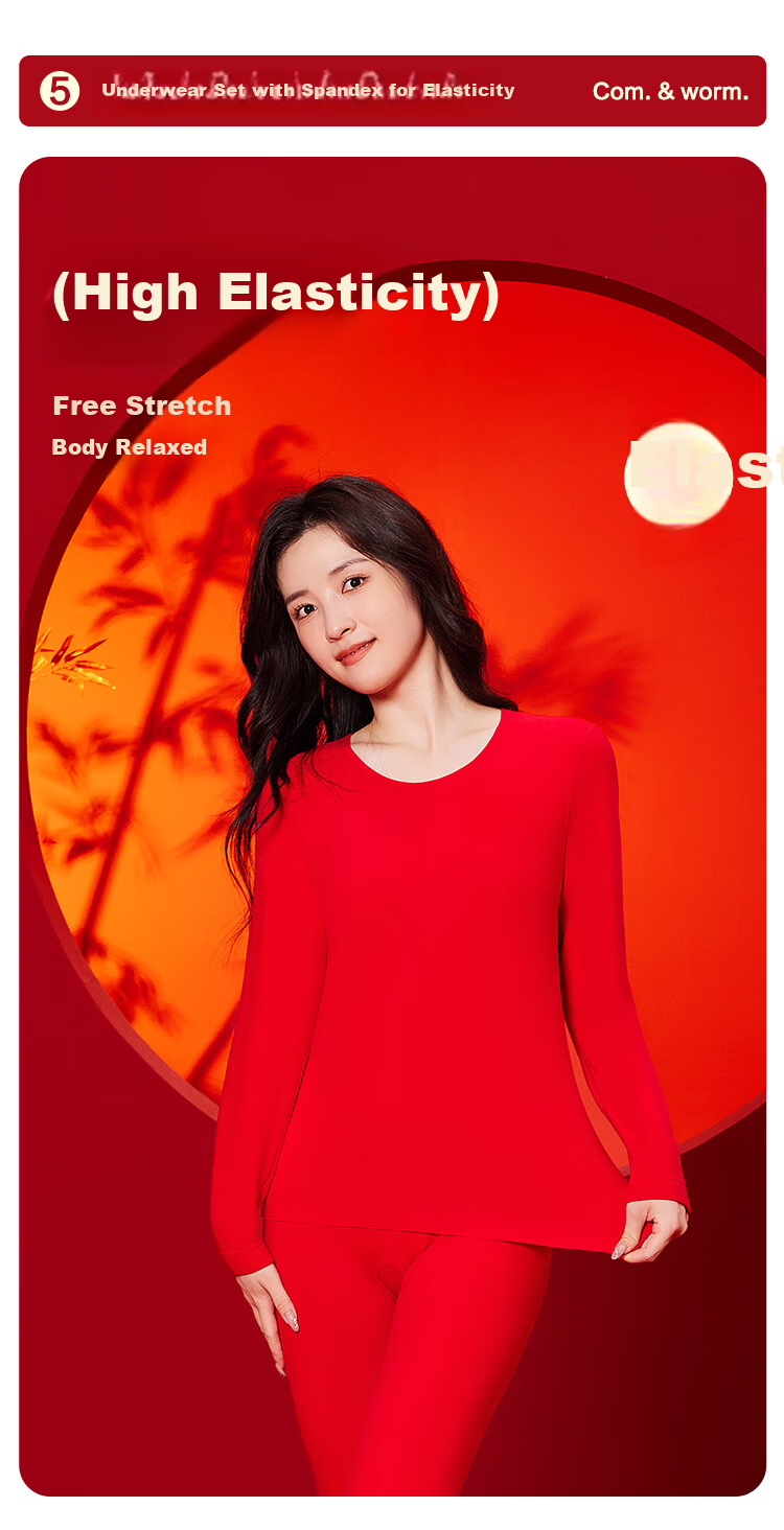Hodo Women's Thermal Seamless Red Underwear Set Autumn Shirt and Pants Antibacterial Soft Cotton Underwear and Socks Gift Box [Qiji Red] 5