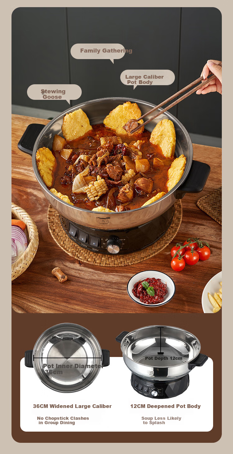 MeiLing Electric Frying Pan New Generation Healthy Large Capacity 304 Stainless Steel Electric Steamer Electric Cooker Stew Steam Cook Non-Stick Multifunctional All-in-One Electric Pot Multi-Purpose E 13