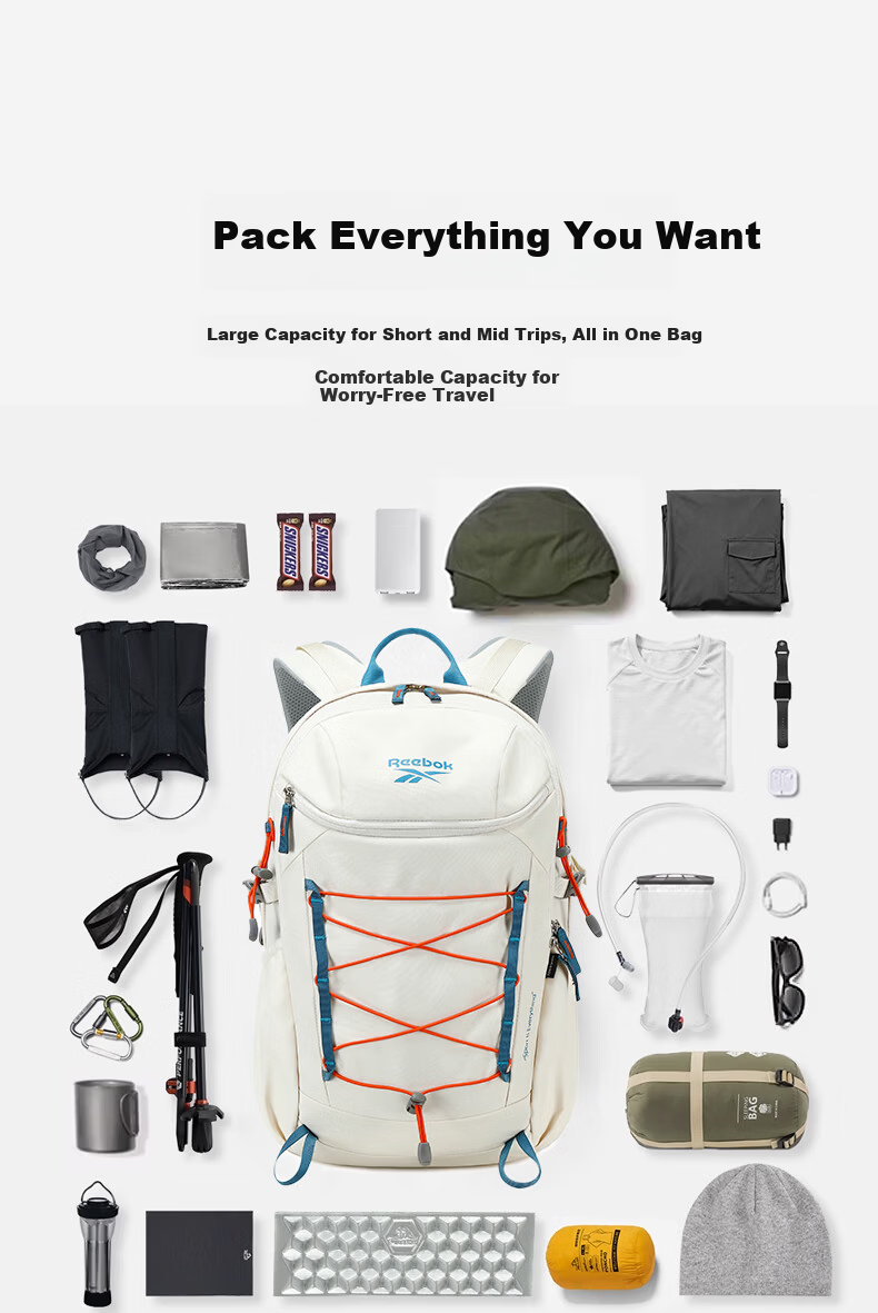Reebok Large Capacity Hiking Backpack Women Lightweight Sports Outdoor Travel Laptop School Bag Men Caramel 40L 10