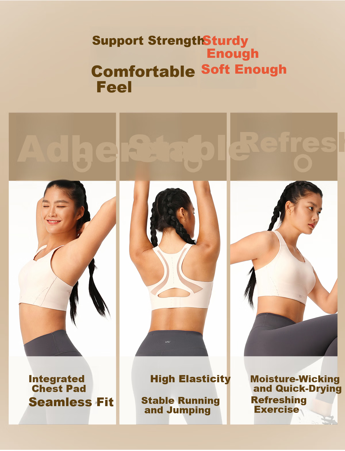 VFU Stick-On Cup High-Strength Sports Bra Integrated Fit Quick-Dry Strong Support Running Fitness Milk Apricot L 3