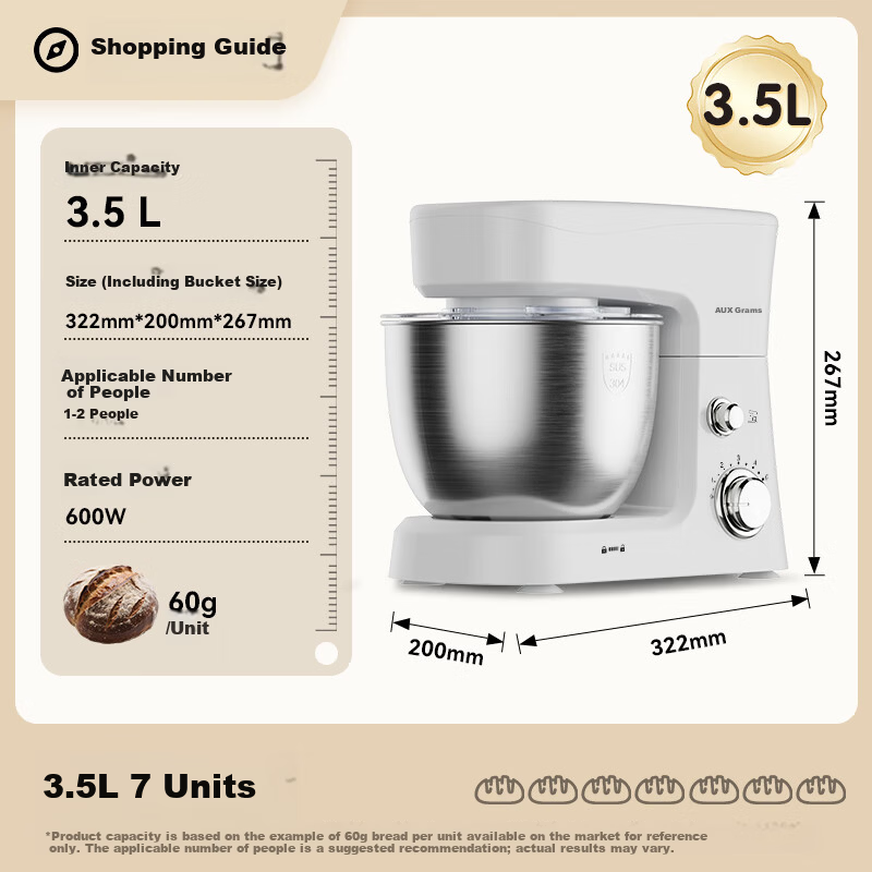 AUX 3.5L Multifunctional Kitchen Stand Mixer Dough Kneading Machine 600W Automatic Egg Beater Cream White SC-207