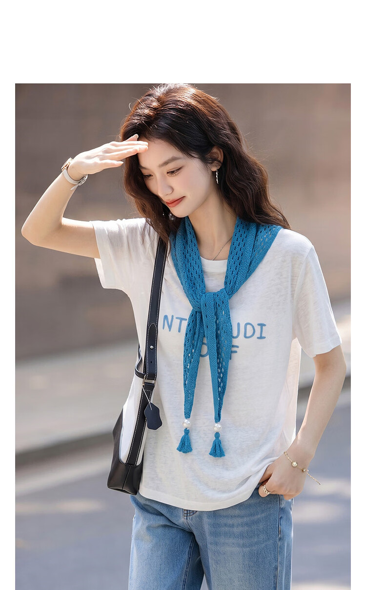 Demana [Comfort Cloud Cotton] Summer Urban Minimalist Style Scarf Letter Embroidery Slim Fit Short Sleeve T-Shirt for Petite Women 10