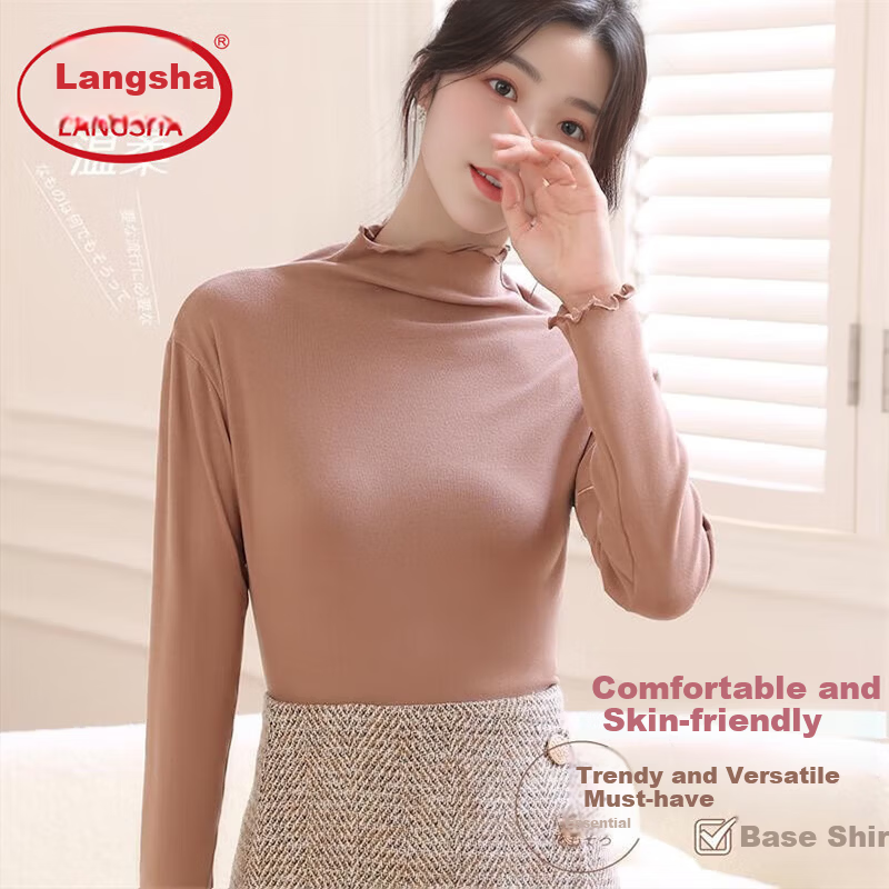 LangSha Women's Basic Half Turtleneck Long Sleeve Ruffled Slim Fit High Elasticity Base Shirt