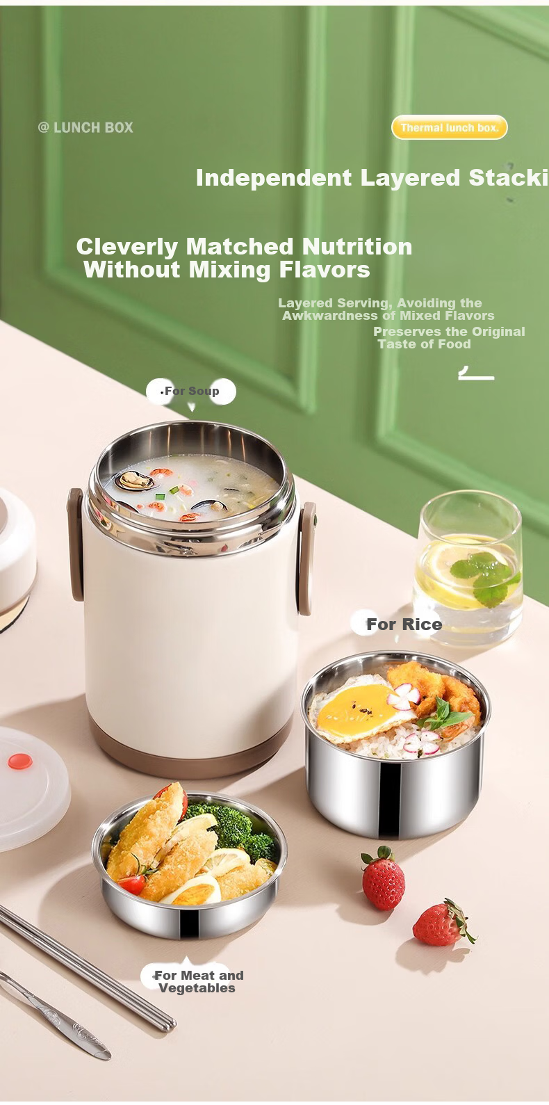 Licheers Insulated Lunch Box, Stainless Steel Thermos, Three-Layer Large Capacity, Extra Long Insulated Food Container, for Office Workers, Soup Insulation Box 4