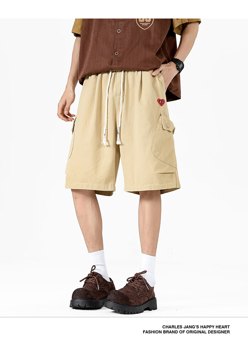 Charles Peach Heart Trendy Workwear Five-Point Shorts Summer Loose Straight Casual Slim Black M 17