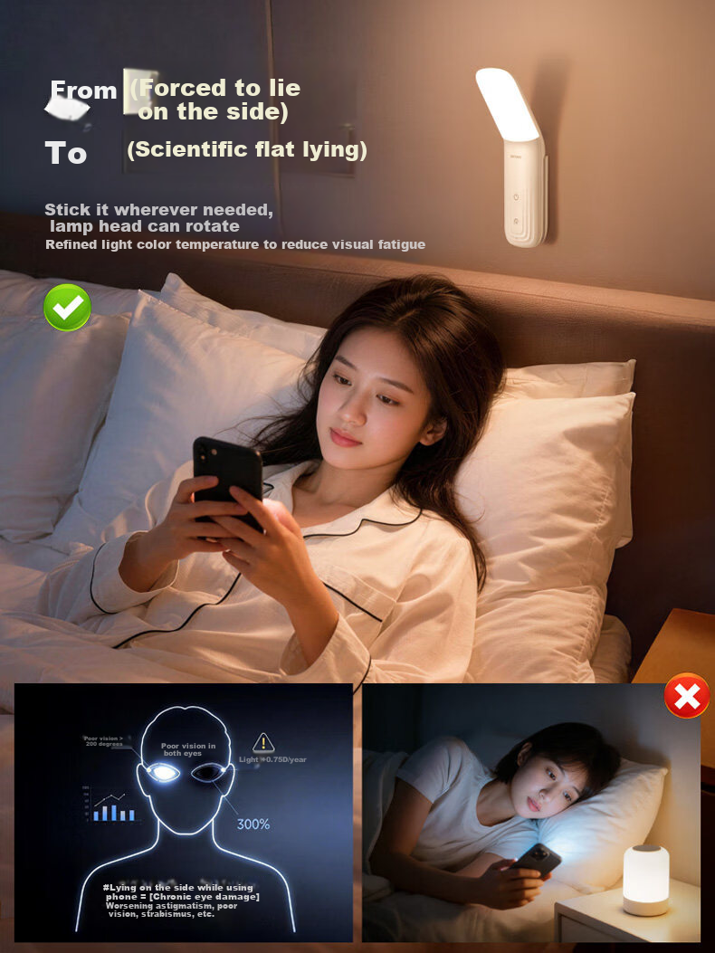 Kuhuo Smart Voice-Controlled Night Light Voice Bedside Lamp Reading Desk Lamp Eye Protection Wall Lamp Bedroom Sleep Rechargeable Wall-Mounted 12