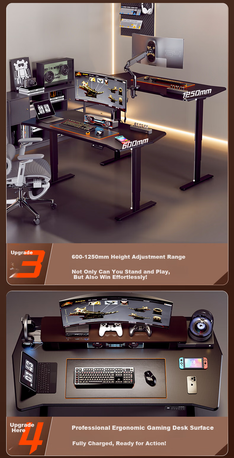 Loctek Black Warrior PRO Dual Motor Solid Wood Electric Adjustable Gaming Desk 1.4m Rubberwood 3
