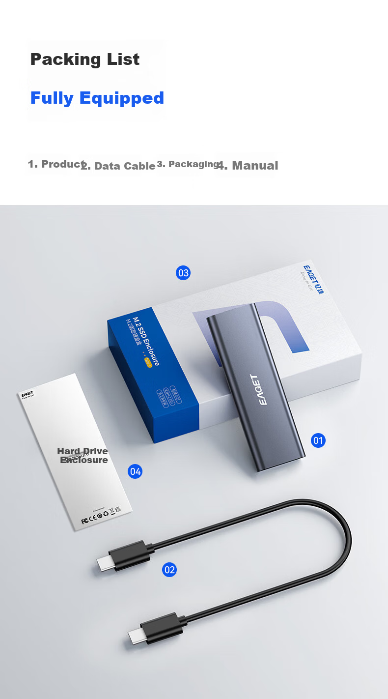 EAGET M.2 NVMe External SSD Enclosure 10Gbps USB 3.2 High-Speed Aluminum Alloy Heat Dissipation for Desktop and Laptop 16