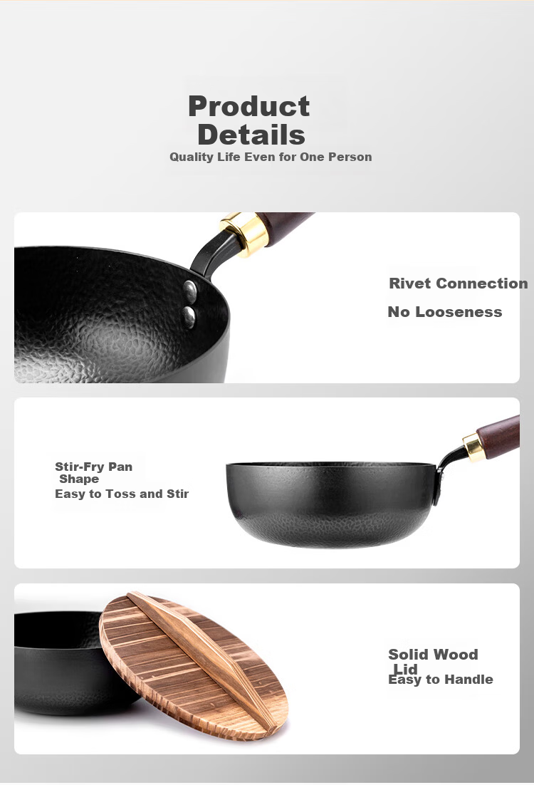 Bear Iron Wok Thickened Hammered Texture Healthy Non-Coated True Stainless Steel 30cm with Solid Wood Lid 8