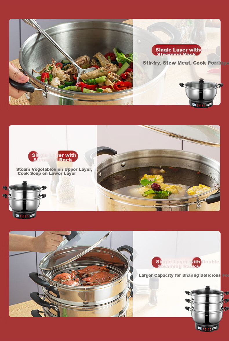 MeiLing Electric Frying Pan New Generation 304 Stainless Steel Electric Steamer Electric Cooker Multi-Functional Non-Stick Electric Pot Steamer Basket Multi-Purpose Electric Hot Pot Stir-Fry Pan 8