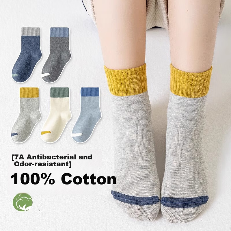 Yuzhaolin Boys' Socks 100% Cotton Seamless Spring Summer Youth Girls' Odor-Resistant Mid-Calf Student Children's Socks
