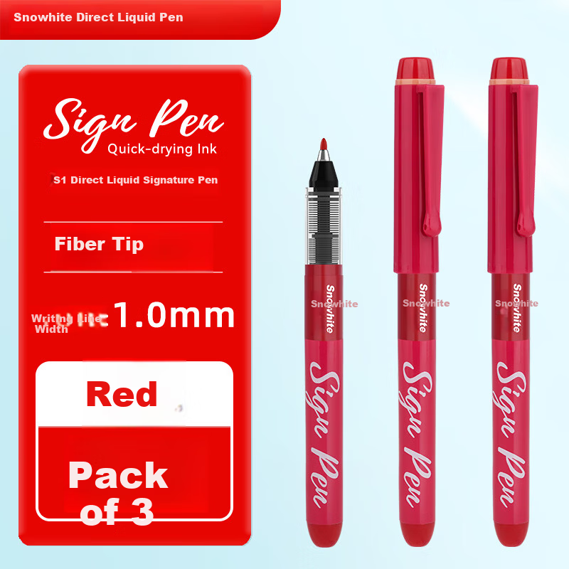 Snowhite 1.0mm Liquid Ink Gel Pen Soft Tip Black Neutral Pen Handwriting Practice High-Value Business Office Signature Liquid Ink Large Capacity Red Pen S1 Red 3-Pack