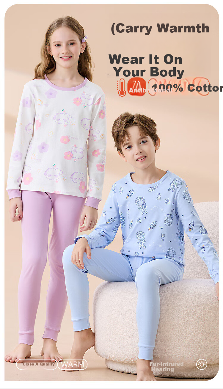 Dingguagua Children's Autumn Cotton Thermal Underwear Set Boys' Round Neck Warm Cotton Pajamas Girls' Autumn Winter Sleepwear Cotton Sweater 1