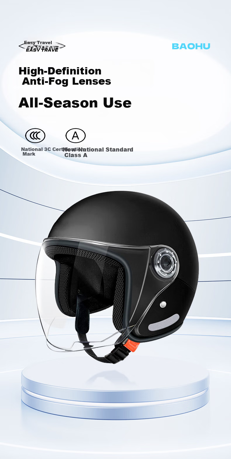 BAOHU Electric Vehicle Helmet 3C Certified Unisex Four-Season Adult Motorcycle Full Face Helmet 301 Midnight Black Winter Warm Full Helmet 3