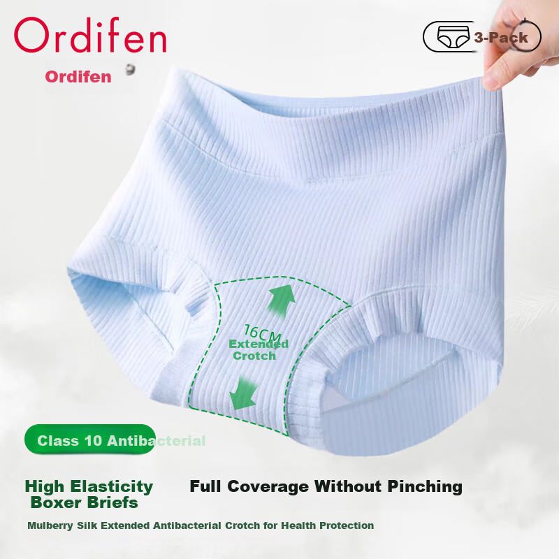 Ordifen Women's Boxer Briefs with Wide Waistband, Mulberry Silk Gusset, Antibacterial, Extended Crotch, 3-Pack
