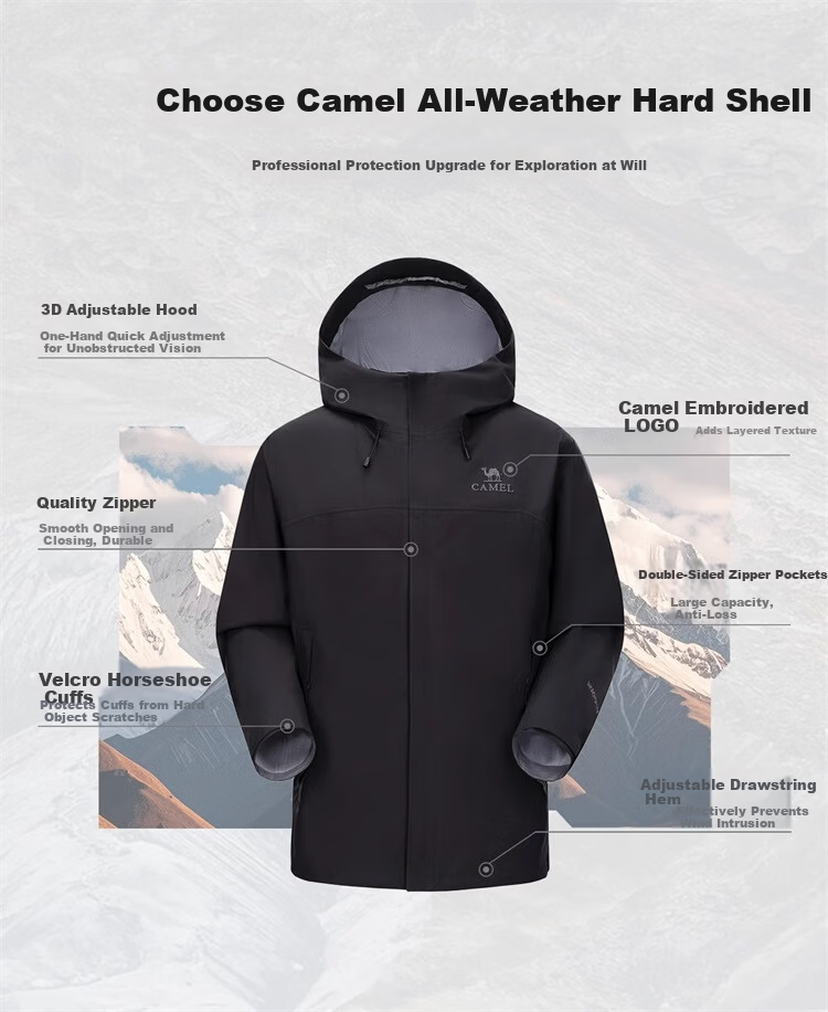 CAMEL Single-Layer Windproof Jacket, Outdoor Hard Shell Coat, 3L Professional Slicked Full-Weather Rainproof Camping Mountaineering Suit, 31864 10