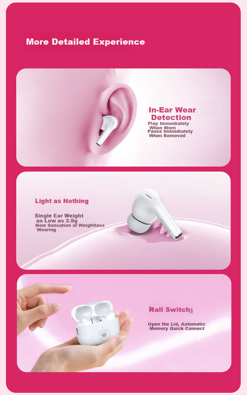 Disney Strawberry Bear Wireless Bluetooth Earbuds Limited Edition Gift Box In-Ear Noise-Canceling Long Battery Life High-Quality Sound Cute Gift for Men and Women Authorized Authentic 13