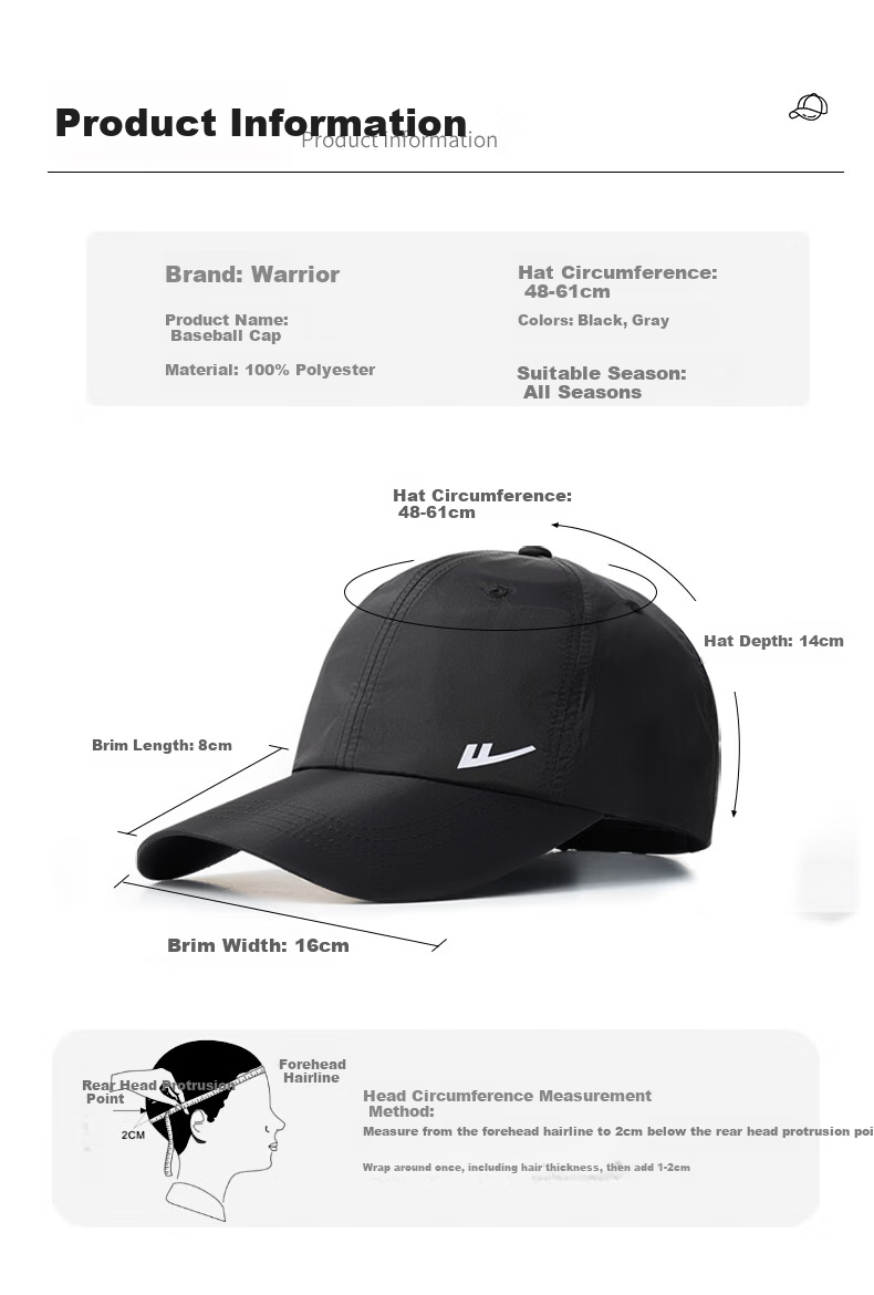 Warrior Warrior Men's Baseball Cap Fashion Casual Versatile Sun Hat Duckbill Cap Women's Sunshade Trendy Sunscreen Hat 4