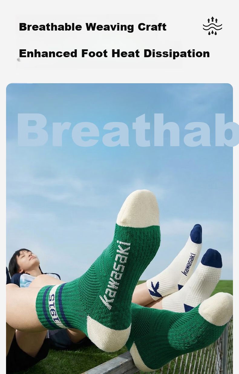 KAWASAKI Badminton Socks Kids Sports Socks Durable Terry Bottom D6401 White Blue/White Green/Vintage Green (3 Pairs) 10