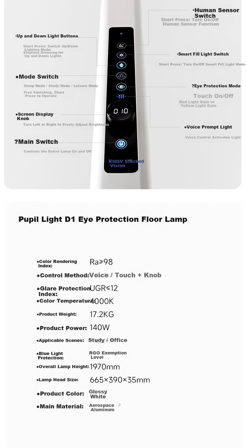 Tongshijie Red Light Eye Protection Smart Voice-Controlled Full Spectrum Floor Desk Lamp Children's Blue Light and Flicker Protection Study Lamp 140W 24