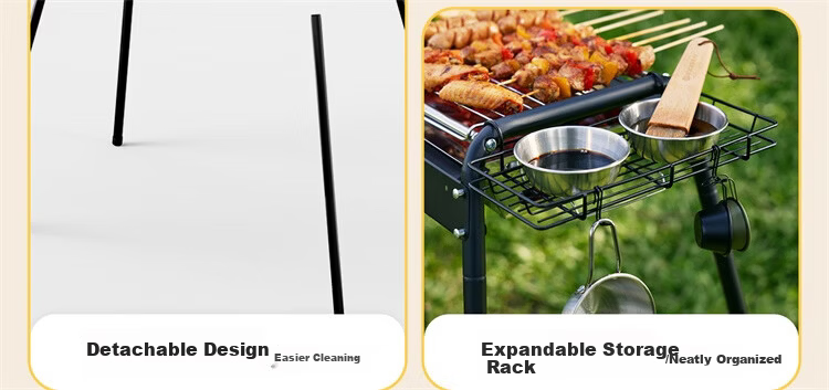 CAMELJEANS BBQ Grill Home Barbecue Rack Skewers Outdoor Camping Portable Charcoal Detachable 174BH05719 Black 4