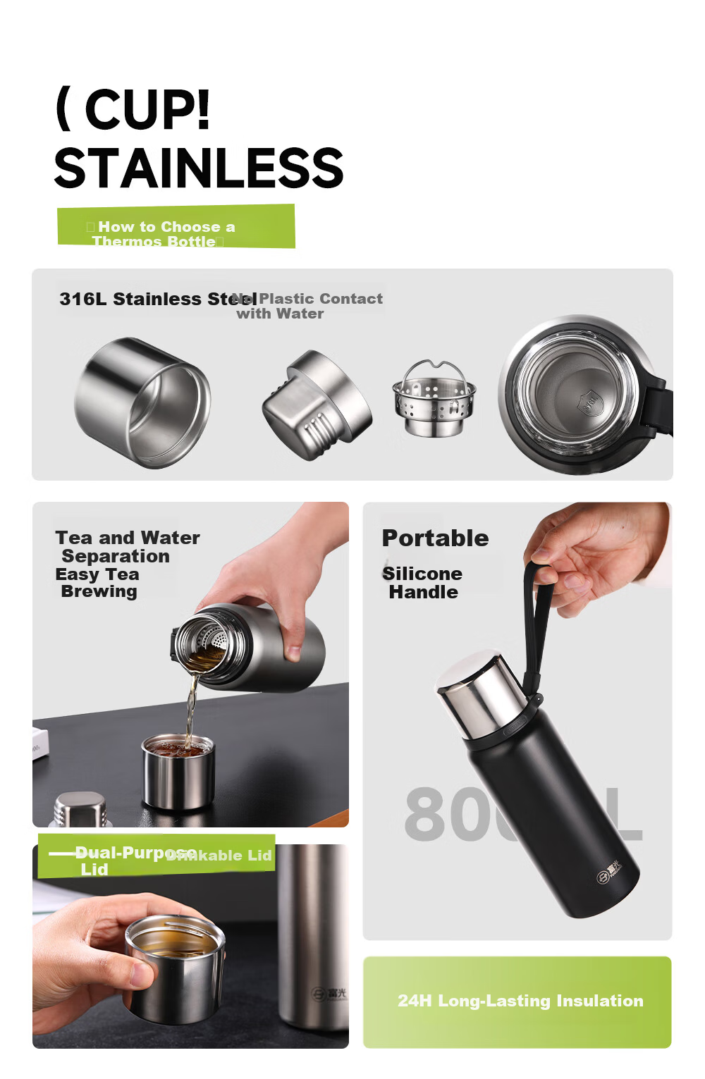 Fuguang 316L Stainless Steel Insulated Water Bottle Large Capacity Thermal Cup Full Steel Tea Separation Outdoor Men's Cup 3
