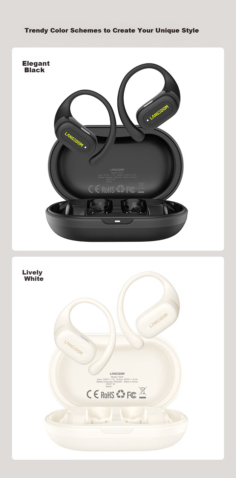 Langston TS19 Bluetooth Bone Conduction Open-Ear Earhook Headphones Matte Black 12