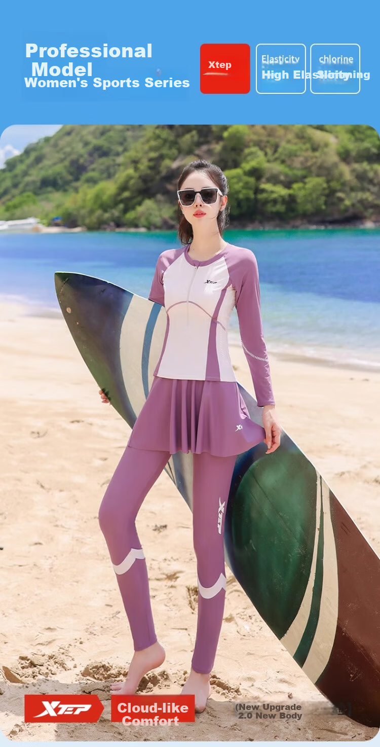 Xtep Women's Swimsuit Three-Piece Set Long Sleeve Long Pants Conservative Sun Protection Plus Size Two-Piece Slimming Tummy Control Diving Surfing Suit 2