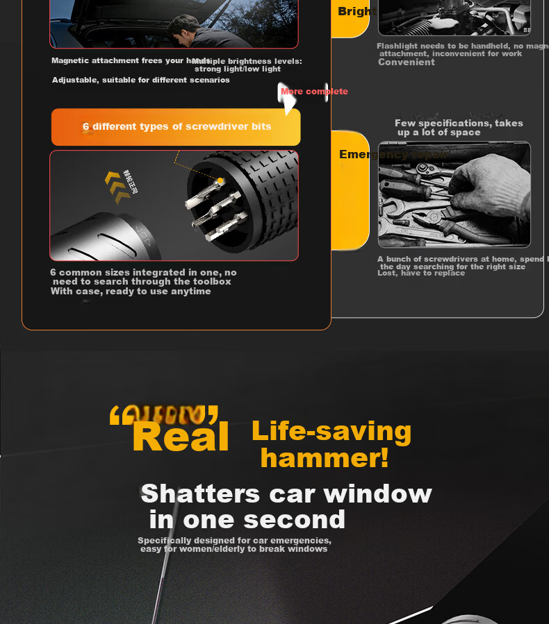 Deli Multifunctional Flashlight Safety Hammer with Hidden Cutter and Warning Light 5-in-1 Compatible with Xiaomi SU7 5