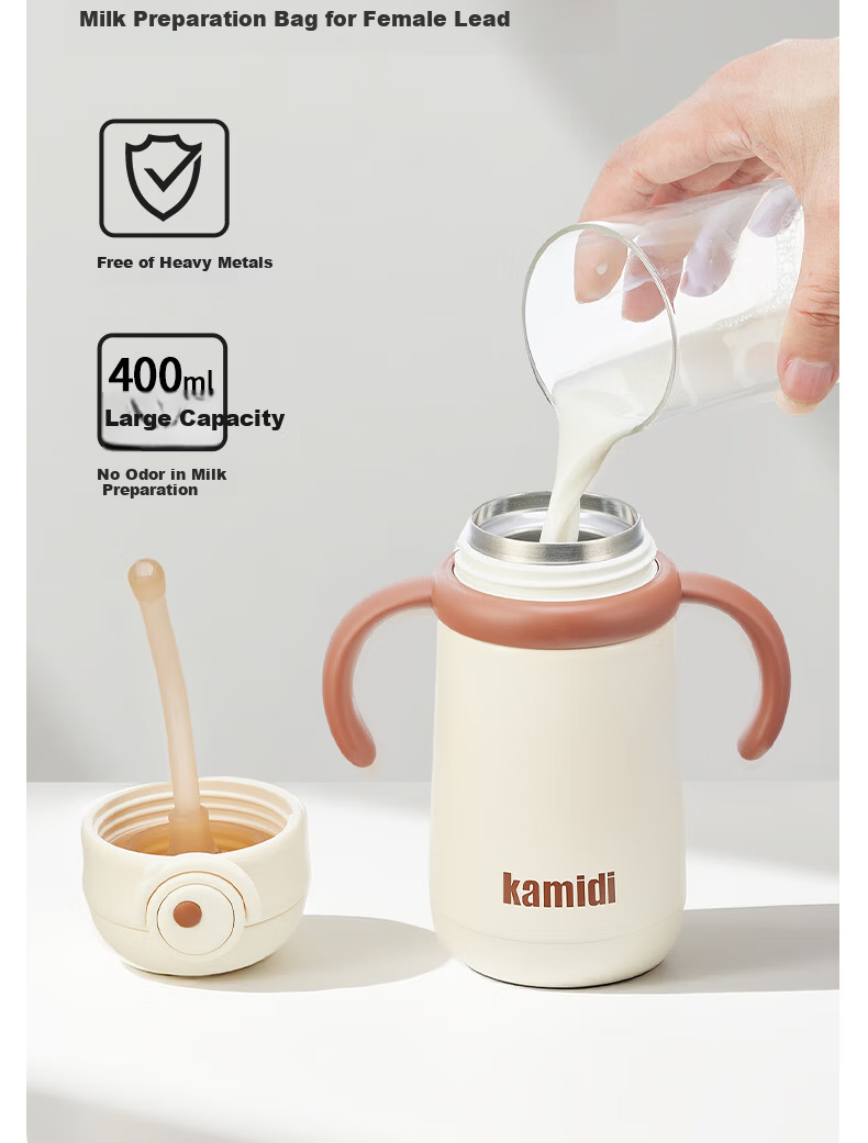 Kamidi Children's Insulated Bottle Infant Thermos Water Bottle Small Age Baby 316L Stainless Steel Straw Baby Bottle 400ml 20
