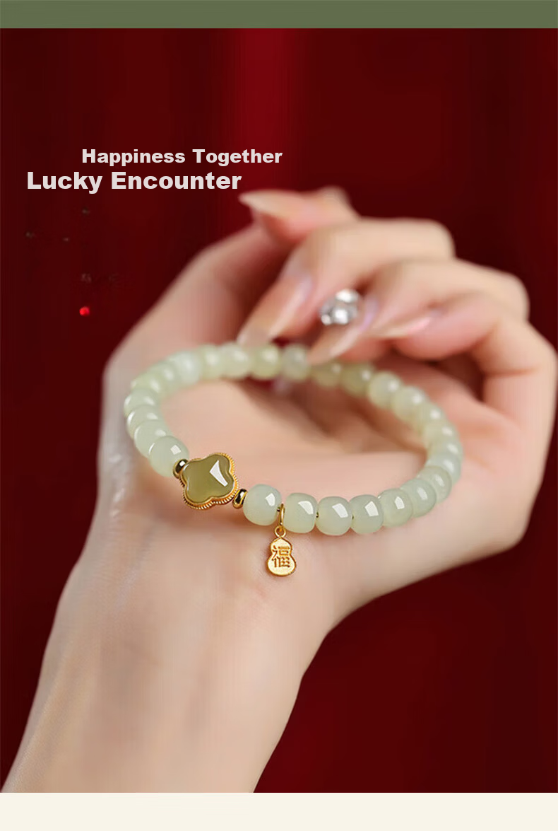 Chow Tai Fook Hetian Jade Four-Leaf Clover Silver Bracelet for Women Luxury Jade Beaded Bracelet Ring Birthday 520 Valentine's Day Gift for Girlfriend 2
